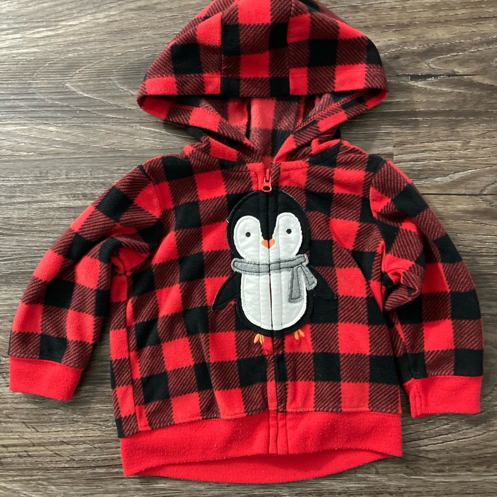 Child of Mine Plaid Zip Up Hoodie with Penguin
